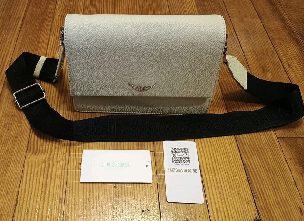 Zadig & Voltaire Lolita Wings Crossbody Cream Leather Logo Black Strap Bag New
